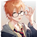  1boy bangs earrings glasses hood hooded_jacket hoodie jacket jewelry looking_at_viewer male_focus multicolored_hair necktie offtoon12 orange_hair project_sekai shinonome_akito shirt short_hair simple_background tongue tongue_out two-tone_hair 