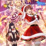  2girls absurdres animal_costume antlers artist_request banner bell black_hair black_legwear blurry blurry_background blush bow breasts brown_hair buckle choker christmas christmas_lights christmas_ornaments christmas_tree cleavage commentary copyright copyright_name dress embarrassed frilled_dress frills fur-trimmed_choker fur-trimmed_shirt fur-trimmed_skirt fur_trim glowing gundam gundam_breaker_mobile hairband haro hat highres ichinose_yuri kuzunoha_rindou lamppost large_breasts leg_garter light_brown_eyes long_hair midriff multiple_girls official_art open_mouth purple_eyes purple_hairband red_bow reindeer_antlers reindeer_costume santa_costume santa_hat shirt short_hair skirt skirt_tug sparkle sweatdrop thighhighs winter zettai_ryouiki 