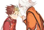  1boy 1girl blue_eyes brown_eyes brown_hair closed_mouth kanyoko_(yuzukano_17) lloyd_irving magic medium_hair raine_sage red_shirt shirt silver_hair simple_background tales_of_(series) tales_of_symphonia white_background 