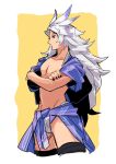  1boy bikini bikini_bottom_only black_nails colored_tips cowboy_shot crossed_arms final_fantasy final_fantasy_ix grey_hair jacket kuja long_hair male_focus mazimagheotgeot multicolored_hair nail_polish no_shirt purple_bikini purple_eyes purple_hair purple_jacket sketch solo swimsuit two-tone_background white_background yellow_background 