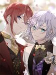  2boys artist_name bangs blue_eyes bow bowtie closed_mouth epel_felmier flower formal gloves hair_between_eyes hand_up jacket looking_at_viewer male_focus multiple_boys necktie ornate_clothes purple_eyes red_flower red_hair red_rose riddle_rosehearts rose shinsuke_(moccori) short_hair silver_hair smile twisted_wonderland upper_body white_flower white_gloves white_rose 