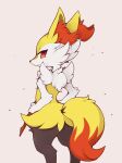  :&lt; animal_ear_fluff animal_ears ass body_fur braixen commentary english_commentary feet_out_of_frame fox_ears fox_tail from_behind furry hand_on_hip holding holding_stick liteee looking_at_viewer looking_back pink_background pokemon pokemon_(creature) red_eyes red_nose simple_background slit_pupils solo standing stick tail tsurime white_fur yellow_fur 