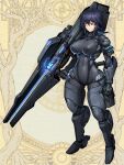  1girl arm_armor black_eyes black_hair bodysuit breasts closed_mouth dairoku_ryouhei full_body grey_bodysuit hetza_(hellshock) holding holding_weapon large_breasts leg_armor medium_hair pouch science_fiction skin_tight solo standing weapon yellow_background 