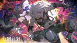  2boys abs action asymmetrical_gloves bandaged_arm bandages belt black_gloves black_shirt blue_eyes blue_hair bomb boots chinese_commentary coat commentary_request copyright_name crossbow explosive fingerless_gloves fur-trimmed_coat fur_trim girls&#039;_frontline girls&#039;_frontline_neural_cloud gloves goggles goggles_around_neck grenade headset highres hood hood_down hooded_coat knee_pads male_focus midriff mismatched_gloves multiple_boys octogen_(girls&#039;_frontline_nc) open_mouth pants red_eyes screwdriver shirt shishio short_hair shorts simo_(girls&#039;_frontline_nc) sleeveless sleeveless_shirt smile snowboard white_coat white_hair 