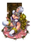  1girl armor blue_eyes breasts cleavage earrings gauntlets gloves hair_over_one_eye highres isabella_valentine jewelry large_breasts lipstick looking_at_viewer makeup navel open_mouth revealing_clothes short_hair solo soulcalibur soulcalibur_iii squatting sword thighhighs weapon whip_sword white_hair yasuda_akira 