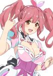  1girl absurdres breasts brown_eyes cleavage eyebrows_visible_through_hair fuusuke_(fusuke208) highres idol_clothes large_breasts looking_at_viewer macross macross_delta makina_nakajima medium_hair multicolored_nails open_mouth pink_hair simple_background smile solo twintails twitter_username upper_body white_background 