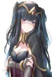  1girl absurdres bangs black_capelet black_hair blunt_bangs bracelet breasts bridal_gauntlets capelet clear_glass_(mildmild1311) cleavage closed_mouth diadem fire_emblem fire_emblem_awakening frown highres jewelry long_hair long_sleeves looking_at_viewer medium_breasts purple_eyes signature simple_background solo tharja_(fire_emblem) twintails upper_body very_long_hair white_background 