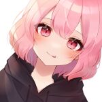  1girl black_hoodie blush highres hood hoodie long_sleeves looking_at_viewer niconico nqrse piinachu pink_eyes pink_hair short_hair smile solo tongue tongue_out upper_body utaite_(singer) white_background 