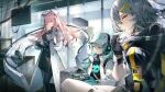  3girls absurdres animal_ears antonina_(girls&#039;_frontline_nc) baseball_cap black_gloves black_jacket black_shirt black_skirt cat_ears chinese_commentary coat commentary_request croque_(girls&#039;_frontline_nc) cup eating girls&#039;_frontline girls&#039;_frontline_neural_cloud gloves green_hair grey_hair hair_between_eyes hair_ornament hairclip hat headphones highres holding holding_cup holding_tablet_pc hood hood_down hooded_jacket indoors jacket kagura_tohru labcoat long_hair looking_at_viewer mug multiple_girls pantyhose persicaria_(girls&#039;_frontline_nc) pink_eyes pink_hair shirt sitting skirt skull_print standing tablet_pc white_coat white_headwear yellow_eyes 