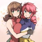  2girls ass blush bodysuit breast_press breasts brown_hair christina_sierra drill_hair feldt_grace green_eyes gundam gundam_00 highres hug large_breasts long_hair looking_at_viewer multiple_girls pink_hair ponytail runaru shiny shiny_hair skin_tight smile symmetrical_docking twin_drills yellow_bodysuit 