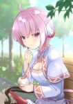  1girl ahoge baozi bench breasts capelet cyclamen_(flower_knight_girl) day dress flower_knight_girl food highres holding holding_food leaf looking_at_viewer outdoors pink_eyes pink_hair sakuragi_sayu short_hair sitting sky small_breasts solo tree white_capelet white_dress 