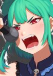  1girl absurdres anger_vein bangs close-up commentary earrings english_commentary face fangs green_hair hair_bun highres holding holding_microphone hololive jewelry lightning_background microphone music open_mouth portrait red_eyes short_hair singing skull_earrings solo sunna_(nilsunna) teeth uruha_rushia uvula virtual_youtuber 