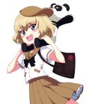  1girl :d bag bangs black_bow black_bowtie blonde_hair blouse blue_eyes bob_cut bow bowtie brown_sailor_collar brown_skirt carrying casual commentary emblem eyebrows_visible_through_hair fang girls_und_panzer handbag holding holding_stuffed_toy katyusha_(girls_und_panzer) kayabakoro looking_at_viewer miniskirt official_alternate_costume open_mouth pleated_skirt pravda_(emblem) sailor_collar short_hair short_sleeves simple_background skirt smile solo standing stuffed_animal stuffed_panda stuffed_toy white_background white_blouse 