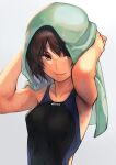  1girl amagami armpits black_swimsuit breasts brown_eyes brown_hair closed_mouth collarbone commentary grey_background hinoru_saikusa looking_at_viewer nanasaki_ai school_swimsuit shiny shiny_hair short_hair small_breasts smile solo swimsuit towel towel_on_head upper_body 