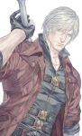  1boy belt black_shirt blue_eyes coat collarbone collared_coat commentary_request dante_(devil_may_cry) devil_may_cry_(series) devil_may_cry_5 facial_hair gloves gold_trim holding holding_weapon looking_at_viewer male_focus open_clothes open_coat parted_hair partially_unbuttoned popped_collar red_coat shirt short_hair simple_background solo stubble sword talgi weapon white_hair 