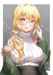  1girl :d bangs bare_shoulders black_skirt blonde_hair blush breasts commentary_request eyebrows_visible_through_hair fur-trimmed_jacket fur_trim glasses green_jacket hair_between_eyes hair_over_shoulder hand_up high-waist_skirt highres jacket looking_at_viewer mashiro_aa medium_breasts off_shoulder open_clothes open_jacket open_mouth original red_eyes ribbed_sweater round_eyewear sideboob skirt sleeveless sleeveless_sweater sleeveless_turtleneck smile solo sweater turtleneck turtleneck_sweater 