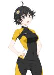  1girl absurdres ahoge araragi_karen bike_shorts black_eyes black_hair breasts food-themed_hair_ornament fried_egg hair_ornament hands_on_hips highres kakoikaren looking_at_viewer monogatari_(series) open_mouth short_hair simple_background solo white_background 