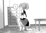  1girl chest_of_drawers closed_eyes commentary dildo door from_side full_body greyscale monochrome no_shoes one_knee original pleated_skirt ponytail pussy_juice pussy_juice_puddle sailor_collar school_uniform serafuku sex_toy skirt socks solo table tanaka_ahiru translated 