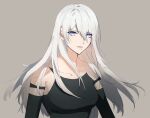 1girl armlet bangs black_gloves black_tank_top blue_eyes breasts closed_mouth elbow_gloves eyebrows_visible_through_hair eyes_visible_through_hair gloves hair_between_eyes long_hair medium_breasts mole mole_under_mouth nier_(series) nier_automata shaokao_range simple_background solo tank_top white_hair yorha_type_a_no._2 