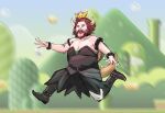  1boy armlet black_dress black_nails boots bowsette bowsette_(cosplay) bracelet brown_hair commentary cosplay dress english_commentary full_body highres horns jack_black jewelry male_focus mario_(series) new_super_mario_bros._u_deluxe obese open_mouth real_life running solo spiked_armlet spiked_bracelet spiked_tail spikes strapless strapless_dress super_crown super_mario_bros._(2022_film) tail tectiger_vh teeth tongue 