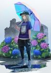  1girl baseball_cap black_pants drawstring flower grey_footwear grey_hair hat high_tops highres hydrangea original pants pocket puddle purple_shirt rain scenery shirt shoes sneakers sthk stone_floor t-shirt umbrella undershirt 