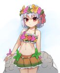  1girl bare_arms bare_shoulders bikini blush brown_eyes closed_mouth collarbone commentary_request fate/grand_order fate_(series) flower green_bikini green_flower grey_hair hair_flower hair_ornament kama_(fate) kama_(swimsuit_avenger)_(fate) looking_at_viewer miya_(miyaruta) navel pink_flower sketch solo swimsuit yellow_flower 
