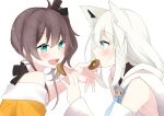  2girls ahoge animal_ears aqua_eyes bangs black_ribbon blue_neckerchief braid brown_hair detached_sleeves doughnut feeding food food_in_mouth fox_ears fox_girl from_side hair_between_eyes hair_ribbon halterneck highres holding holding_food hololive jacket long_hair looking_at_another medium_hair multiple_girls natsuiro_matsuri neckerchief neru_(flareuptf1) off-shoulder_jacket off_shoulder open_mouth orange_jacket ribbon shirakami_fubuki side_braid side_ponytail sidelocks simple_background teeth upper_teeth virtual_youtuber white_background white_hair white_sleeves 