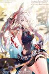  1girl aminww_amingming animal_ear_fluff animal_ears blue_eyes breasts chinese_commentary commentary_request covered_navel cowboy_shot feixiao_(honkai:_star_rail) fox_ears gloves grin hair_intakes hand_on_own_hip highres honkai:_star_rail honkai_(series) large_breasts long_hair looking_at_viewer one_eye_closed partial_commentary shirt sideboob sleeveless sleeveless_shirt smile solo standing thigh_strap thighs very_long_hair white_hair 