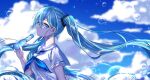  1girl bangs blue_eyes blue_hair blue_neckwear blue_sky blurry blurry_background bottle bubble cloud collared_shirt commentary eyebrows_visible_through_hair floating_hair from_side hair_between_eyes hatsune_miku highres holding holding_bottle long_hair looking_at_viewer ramune sailor_collar sailor_shirt shiny shiny_hair shirt short_sleeves sky solo taru_7252 twintails upper_body very_long_hair vocaloid white_sailor_collar white_shirt 