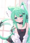  1girl :&lt; ahoge animal_ear_fluff animal_ears black_collar black_ribbon blush breasts cat_ears cat_girl cat_tail cleavage collar commentary_request eyebrows_visible_through_hair green_eyes green_hair hair_between_eyes hair_ornament hair_ribbon highres long_hair md5_mismatch mikaze_oto original ribbon small_breasts solo tail tail_wagging x_hair_ornament 