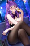  1girl :q absurdres alcohol black_legwear blue_hair bow bowtie braid braided_ponytail breasts commentary_request crossed_legs cup drinking_glass genshin_impact heart heart-shaped_pupils highres holding holding_cup hong_bai large_breasts long_hair looking_at_viewer multicolored_hair pantyhose purple_bow purple_bowtie purple_eyes purple_hair raiden_shogun sitting solo symbol-shaped_pupils tongue tongue_out two-tone_hair very_long_hair 