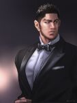  1boy alternate_costume ass beard black_hair black_suit bow bowtie buzz_cut collared_shirt facial_hair formal golden_kamuy long_sideburns looking_to_the_side male_focus mature_male nopinzo pectorals realistic scar scar_on_cheek scar_on_face shirt short_hair sideburns solo tanigaki_genjirou thick_eyebrows undershirt upper_body very_short_hair 