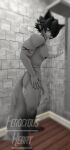 3d_(artwork) anthro balls big_penis black_hair blue_eyes butt canid canine digital_media_(artwork) domibun ferocious_heart fur genitals grey_body grey_fur hair kole_(domibun) looking_at_viewer male mammal nipples nude nude_anthro nude_male open_mouth penis shower side_view simple_background smile solo solo_focus source_filmmaker_(artwork) tail warfare_machine