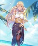  1girl atelier_(series) atelier_ryza bangs beach blonde_hair blue_skirt blue_sky blush breasts brown_hairband brown_legwear cleavage cloud collarbone day dutch_angle floating_hair flower green_eyes hairband highres klaudia_valentz large_breasts long_hair long_skirt looking_at_viewer ocean off-shoulder_shirt off_shoulder outdoors palm_tree pantyhose parted_lips shiny shiny_hair shirt side_slit skirt sky smile smk solo standing summer sunlight swept_bangs tree underbust very_long_hair white_flower white_shirt 