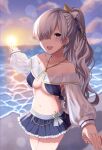  1girl anastasia_(fate) anastasia_(swimsuit_archer)_(fate) beach bikini bikini_skirt blue_bikini blue_eyes bow breasts commentary_request fate/grand_order fate_(series) hair_bow hair_over_one_eye highres jewelry leaf long_hair looking_at_viewer medium_breasts midriff navel necklace ocean outdoors pointing ponytail pov pov_hands silver_hair sunset swimsuit underboob white_bow zhu_li 