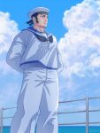  1boy alternate_costume alternate_facial_hair arms_behind_back black_hair buzz_cut cloud cloudy_sky contemporary feet_out_of_frame fence frown golden_kamuy hat long_sideburns male_focus nopinzo pectorals sailor_collar sailor_hat short_hair sideburns sky solo tanigaki_genjirou thick_eyebrows very_short_hair water wind 