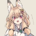  1girl :d animal_ear_fluff animal_ears bangs bell blush borrowed_character bright_pupils brown_background commentary_request eyebrows_visible_through_hair fang fox_ears hair_bell hair_between_eyes hair_ornament hairclip japanese_clothes jingle_bell kimono light_brown_hair long_hair looking_at_viewer magatama magatama_necklace natsuki_teru open_mouth original red_eyes sakon_(kitsune_tsuki) simple_background smile solo translated upper_body white_kimono 