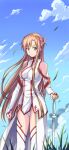  1girl asuna_(sao) blue_sky braid breasts brown_eyes brown_hair closed_mouth cloud coat day detached_sleeves floating_hair french_braid hand_on_hilt hao718 highres long_hair long_sleeves medium_breasts outdoors panties sky sleeveless_coat smile solo standing sword sword_art_online thighhighs underwear very_long_hair weapon white_coat white_legwear white_panties white_sleeves 