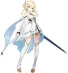  1girl absurdres blonde_hair boots cape dress flower full_body genshin_impact hair_flower hair_ornament highres holding holding_sword holding_weapon left-handed lumine_(genshin_impact) official_art solo sword teeth transparent_background weapon 