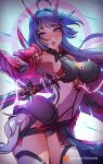  1girl :o armpits bangs bare_shoulders black_gloves boots breasts cleavage electricity gauntlets gloves hair_between_eyes himmely honkai_(series) honkai_impact_3rd horns katana long_hair looking_at_viewer navel open_mouth purple_eyes purple_hair raiden_mei raiden_mei_(herrscher_of_thunder) single_gauntlet solo sword thigh_boots thighhighs weapon white_footwear 