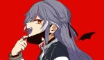  1girl arashi bangs choker earrings fangs fu_hua fu_hua_(herrscher_of_sentience) grey_hair hair_between_eyes highres honkai_(series) honkai_impact_3rd jacket jewelry letterman_jacket long_hair long_sleeves looking_at_viewer looking_to_the_side mask mouth_mask multicolored_hair open_mouth red_background red_eyes ring simple_background streaked_hair vampire_(vocaloid) 