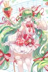  1girl absurdres aqua_hair bow chinese_commentary commentary cowboy_shot detached_sleeves dress flower food food-themed_hair_ornament fork frilled_thighhighs frills fruit gingham gingham_dress hair_flower hair_ornament hatsune_miku highres keran_yezi_dong long_hair looking_at_viewer musical_note musical_note_brooch musical_note_print musical_staff_print oversized_object ribbon ribbon-trimmed_hairband sleeveless smile solo staff_(music) standing strawberry strawberry_hair_ornament strawberry_miku_(morikura) strawberry_plant thighhighs treble_clef twintails very_long_hair vocaloid watermark white_flower white_thighhighs 