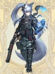  1girl animal_ears arm_armor armor bangs blunt_bangs body_armor breastplate brown_background camouflage camouflage_pants closed_mouth dairoku_ryouhei fox_ears full_body grey_hair grey_scarf gun headset hetza_(hellshock) holding holding_weapon knife leg_armor long_hair looking_at_viewer pants ponytail red_eyes scarf sheath shotgun shotgun_shell solo tail very_long_hair weapon 