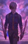  1boy black_hair blood blood_on_clothes blood_on_face blood_on_weapon closed_mouth cloud commentary_request dual_wielding highres holding holding_weapon looking_at_viewer ludger_will_kresnik male_focus meipu_hm multicolored_hair necktie pants shirt sleeves_rolled_up solo suspenders sword tales_of_(series) tales_of_xillia tales_of_xillia_2 thigh_strap two-tone_hair weapon white_hair 