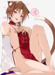  1boy abs animal_ears bangs braid brown_hair bulge cat_boy cat_ears cat_tail crossdressing detached_sleeves earrings erection erection_under_clothes grey_background hand_on_own_chest heart highres jewelry looking_at_viewer male_focus mars_symbol mobu_45 multicolored_hair nail_polish nipples original otoko_no_ko simple_background sitting solo spoken_mars_symbol tail toned toned_male tongue tongue_out yellow_eyes 