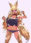  1girl asanagi blonde_hair blue_eyes breasts cleavage collar crop_top fang female_pubic_hair hairy highres large_breasts legs long_hair looking_at_viewer navel open_mouth original pubic_hair pubic_hair_peek short_shorts shorts simple_background solo tail tank_top white_background 