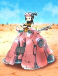  1girl bandana black_hair cactus crossed_arms day desert fujisawa_takashi gloves goggles goggles_on_head hover_vehicle mecha original outdoors ponytail raised_eyebrow science_fiction sleeveless solo tattoo 