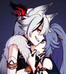  2girls animal_ears bangs black_hair blue_eyes cat_ears dual_persona earrings elbow_gloves evil_grin evil_smile fu_hua fu_hua_(azure_empyrea) fu_hua_(herrscher_of_sentience) fu_hua_(valkyrie_accipter) gloves grin hair_between_eyes holding_hands honkai_(series) honkai_impact_3rd jewelry multiple_girls open_mouth ponytail red_eyes smile teeth white_gloves white_hair xkaishaku yuri 