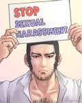  1boy bara beard black_hair buzz_cut chest_hair english_text expressionless facial_hair golden_kamuy holding holding_sign long_sideburns male_focus meme nopinzo parody partially_unbuttoned pectoral_cleavage pectorals scar scar_on_cheek scar_on_face sexual_harassment short_hair sideburns sign solo tanigaki_genjirou thick_eyebrows upper_body very_short_hair 