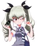  1girl ;) anchovy_(girls_und_panzer) bag bangs black_necktie black_ribbon bracelet camera casual closed_mouth collared_shirt commentary diagonal-striped_neckwear diagonal_stripes drill_hair eyebrows_visible_through_hair girls_und_panzer green_hair grey_vest grin hair_ribbon hairband handbag holding holding_camera jewelry kayabakoro long_hair looking_at_viewer necktie official_alternate_costume one_eye_closed pointing pointing_at_self red_eyes ribbon shirt short_sleeves simple_background smile smirk solo standing striped striped_necktie twin_drills twintails vest white_background white_shirt wing_collar 